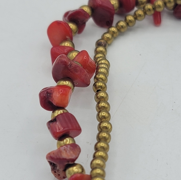 Coral Color Red Stone Chip Anklet Double Strand Gold Tone Beads Jingle Bells 11" - Picture 2 of 11